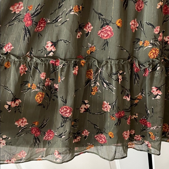 Anthropologie Drew Green Floral Chiffon Smocked High Neck Long Sleeve Dress - Picture 6 of 14